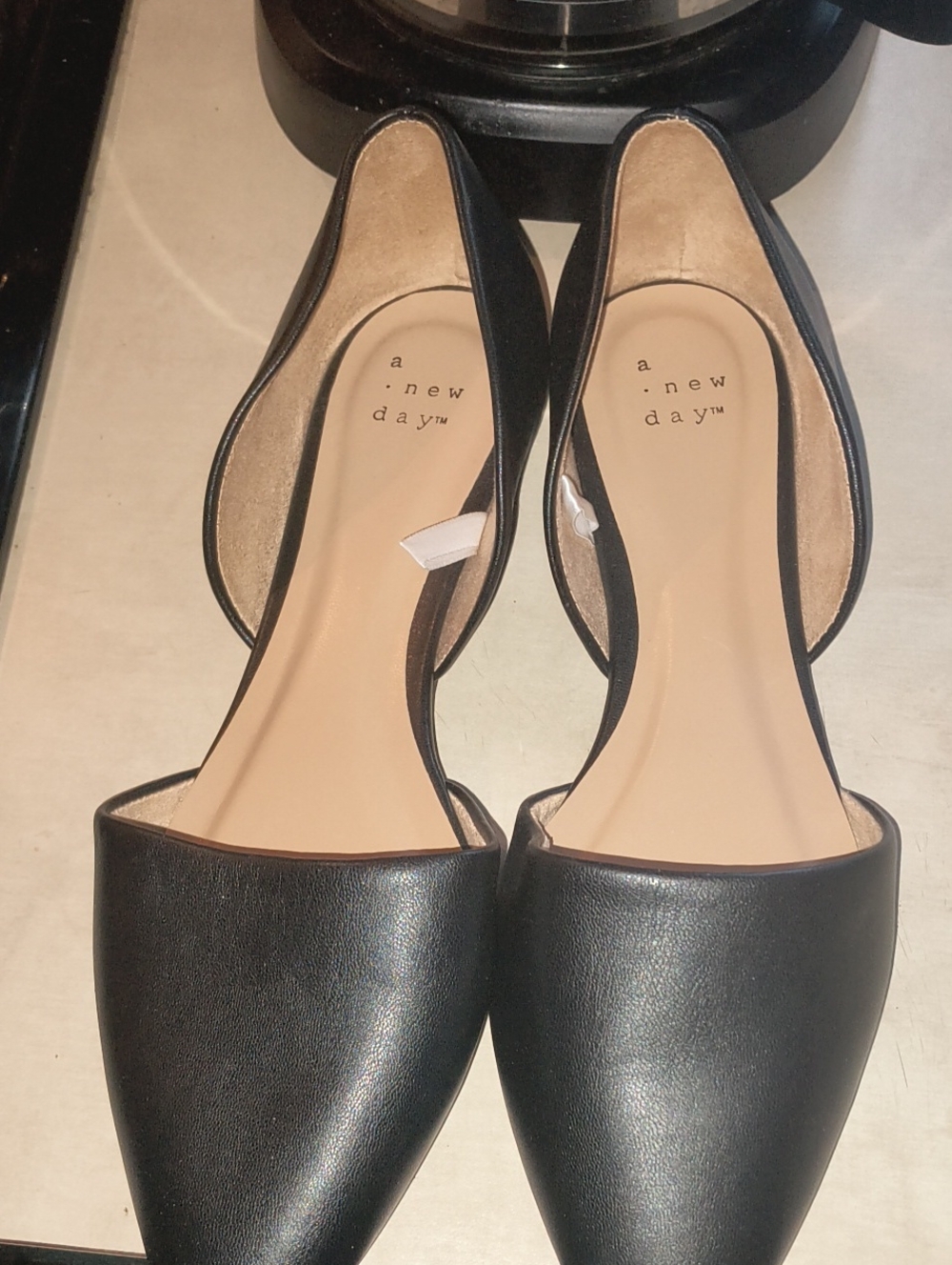 a new day Black Pointed D'Orsay Flats - Sleek Leather Look
